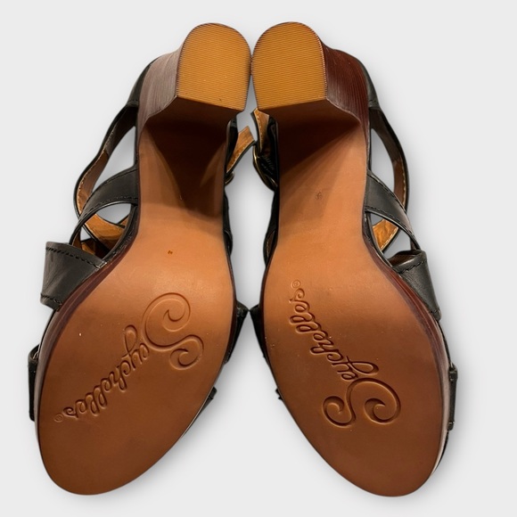 SEYCHELLES black leather stacked wood block heel strappy sandals Size 9 - Picture 7 of 8